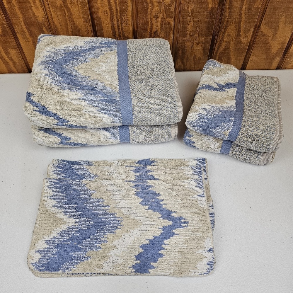 Vtg JC Penney Towel Set 7pc Flame Stitch Wave Blue Bath Hand Washcloth By Design